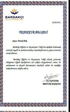 Certificate of Appreciation — Faruk Türk
